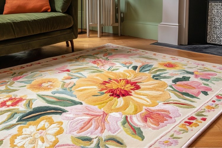 Colorful floral washable living room rug