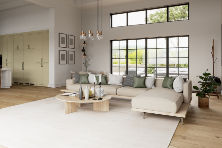 Cozy living room with a thin beige washable rug